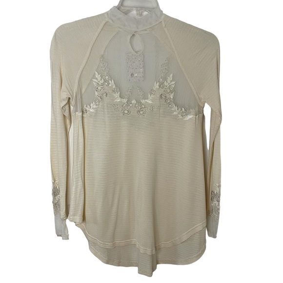 FREE PEOPLE Saheli Embroidered Mesh Top Ivory OB877344 Extra Small Ecru Color - Picture 2 of 15